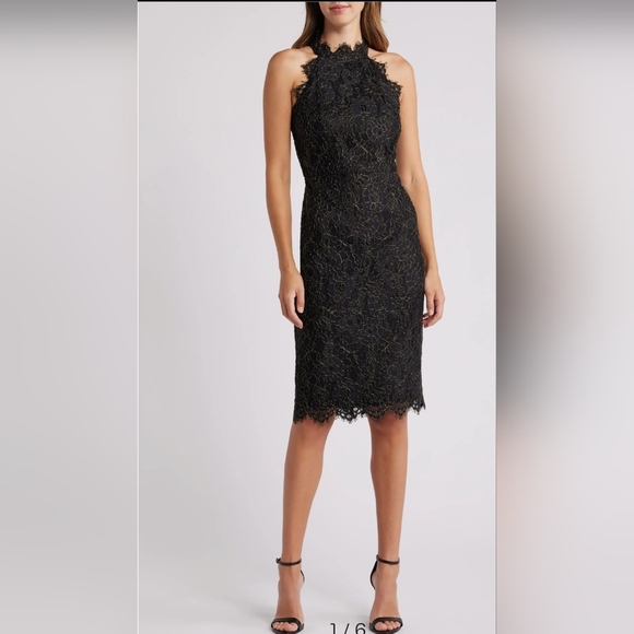 Eliza J Black and Gold Lace Midi Dress Size 14 - Picture 1 of 14